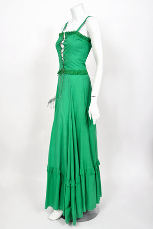 1976 Biba Emerald Green Cotton Lace-Up Corset Top & Matching Maxi Skirt