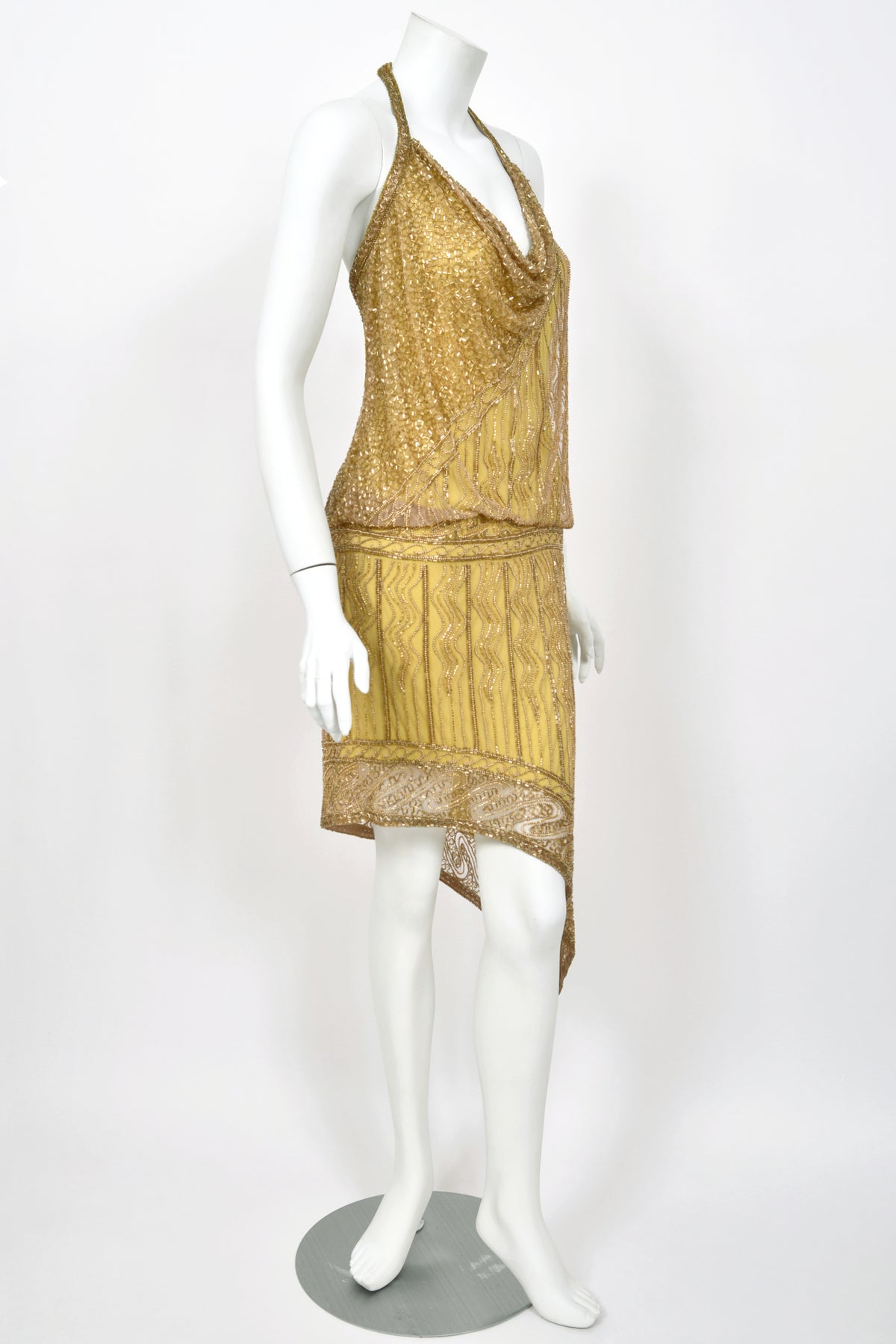 1992 Bob Mackie Runway Metallic Gold Fully-Beaded Halter High Slit 'Flapper' Dress