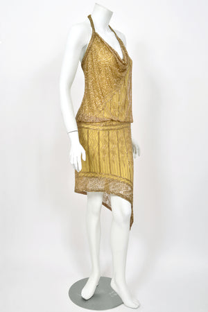 1992 Bob Mackie Runway Metallic Gold Fully-Beaded Halter High Slit 'Flapper' Dress