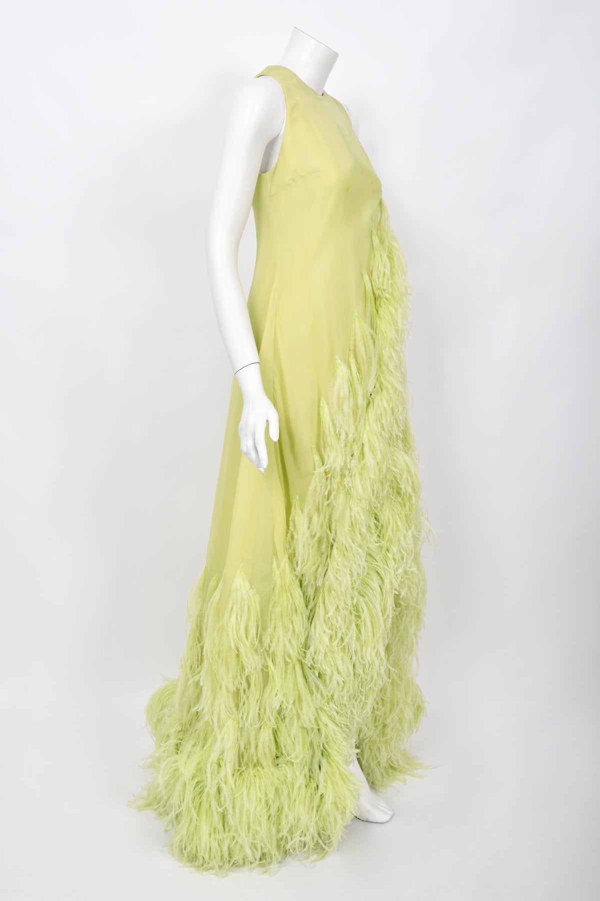 1968 Christian Dior Haute Couture Maria Felix Owned Chartreuse Silk Feather Gown