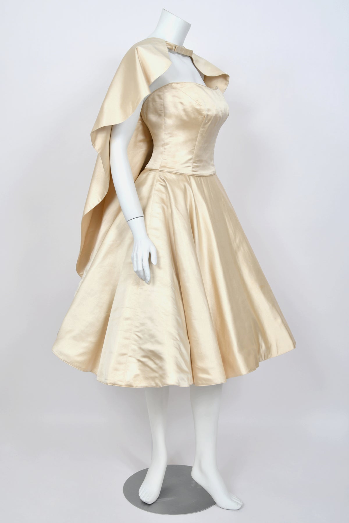 1950's Don Loper Couture Ivory Silk Satin Strapless Full-Skirted Dress w/ Detachable Cape