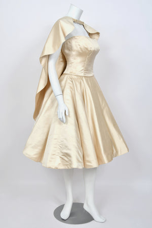 1950's Don Loper Couture Ivory Silk Satin Strapless Full-Skirted Dress w/ Detachable Cape