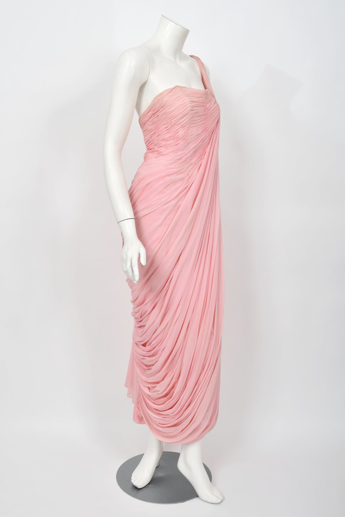 1958 Jean Dessès Haute Couture Attributed Pink Ruched Chiffon Goddess Gown