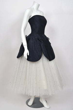 1950’s Edith Small Navy Silk & Rhinestone White Tulle Strapless 'Petal' Dress w/ Shawl