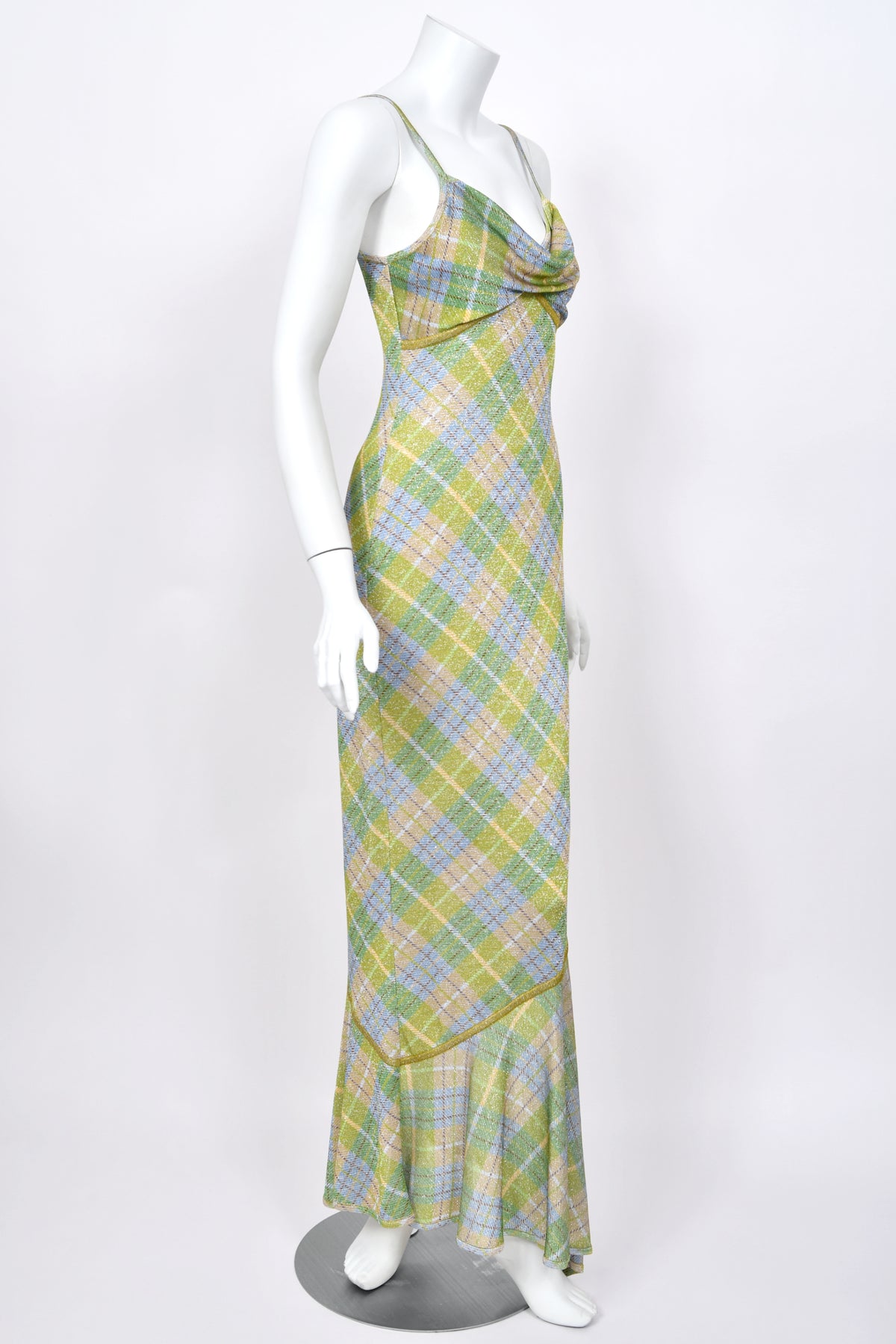 2000 John Galliano Metallic Plaid Lurex Knit Bias-Cut Maxi Dress w/ Matching Cardigan