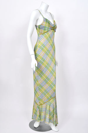 2000 John Galliano Metallic Plaid Lurex Knit Bias-Cut Maxi Dress w/ Matching Cardigan