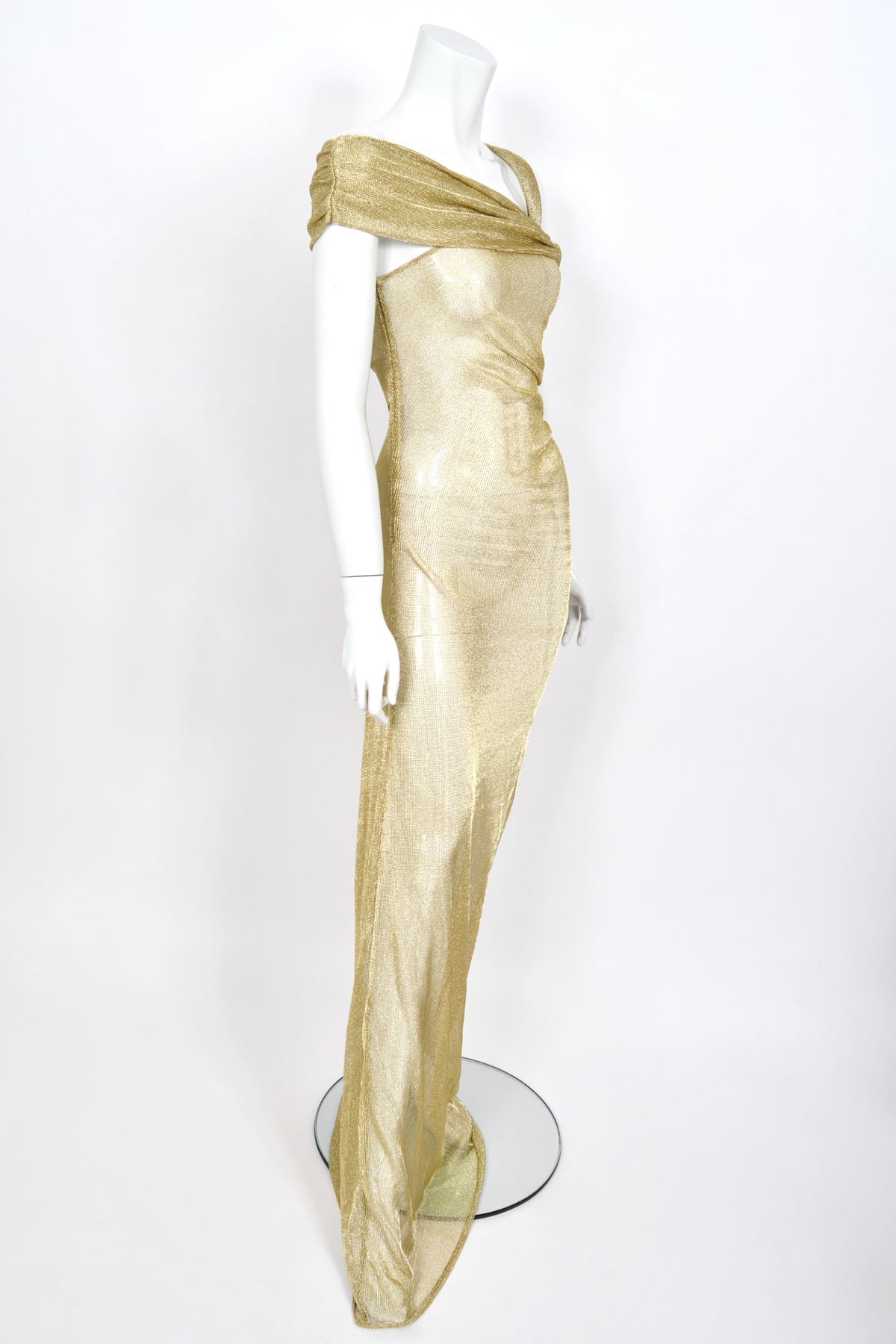 1999 Christian Dior by John Galliano Metallic Gold Sheer Mesh Asymmetric Maxi Gown