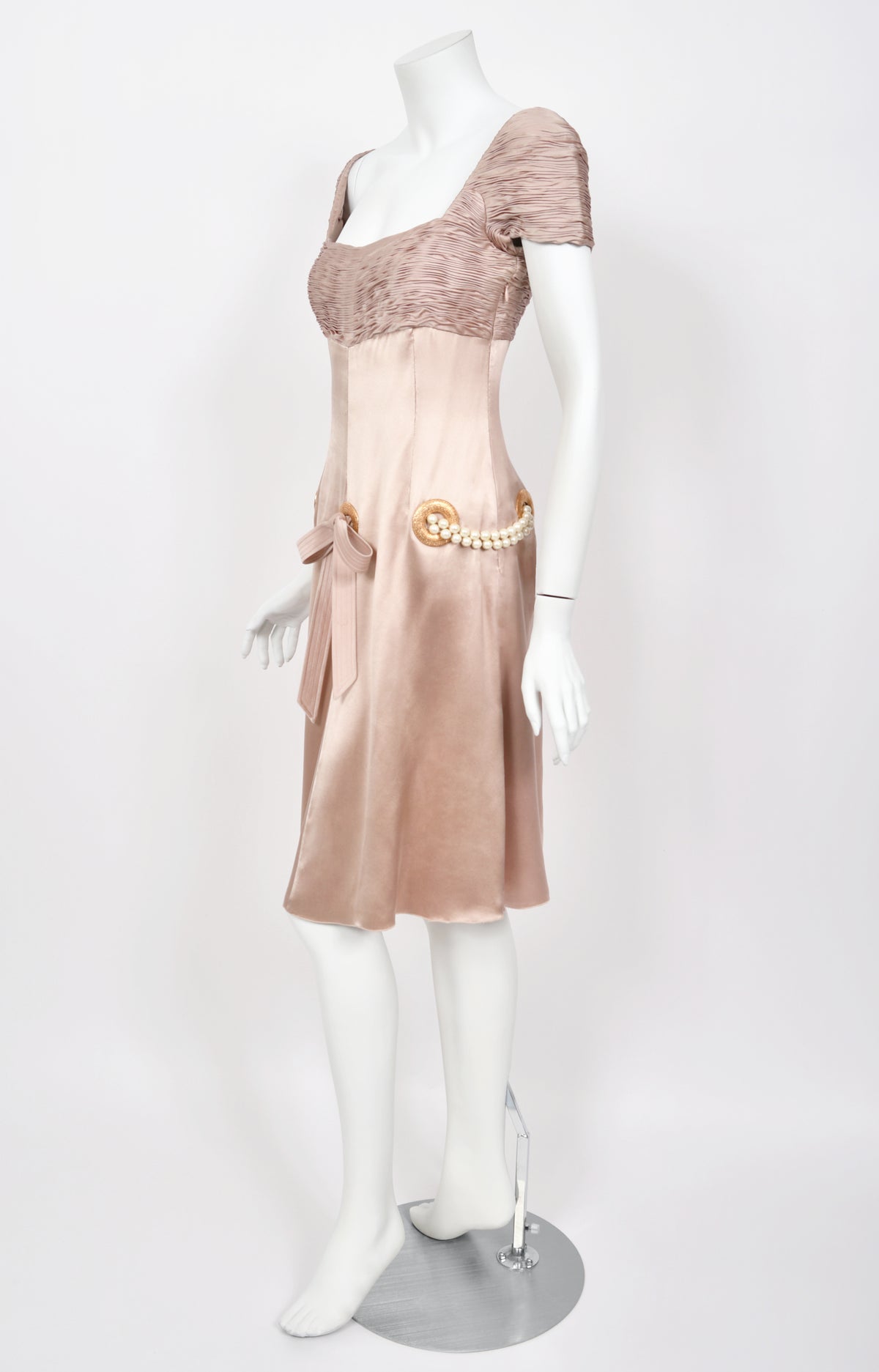 2005 Valentino Runway Blush Pink Silk Pleated Bodice Draped Pearl-Belted Dress