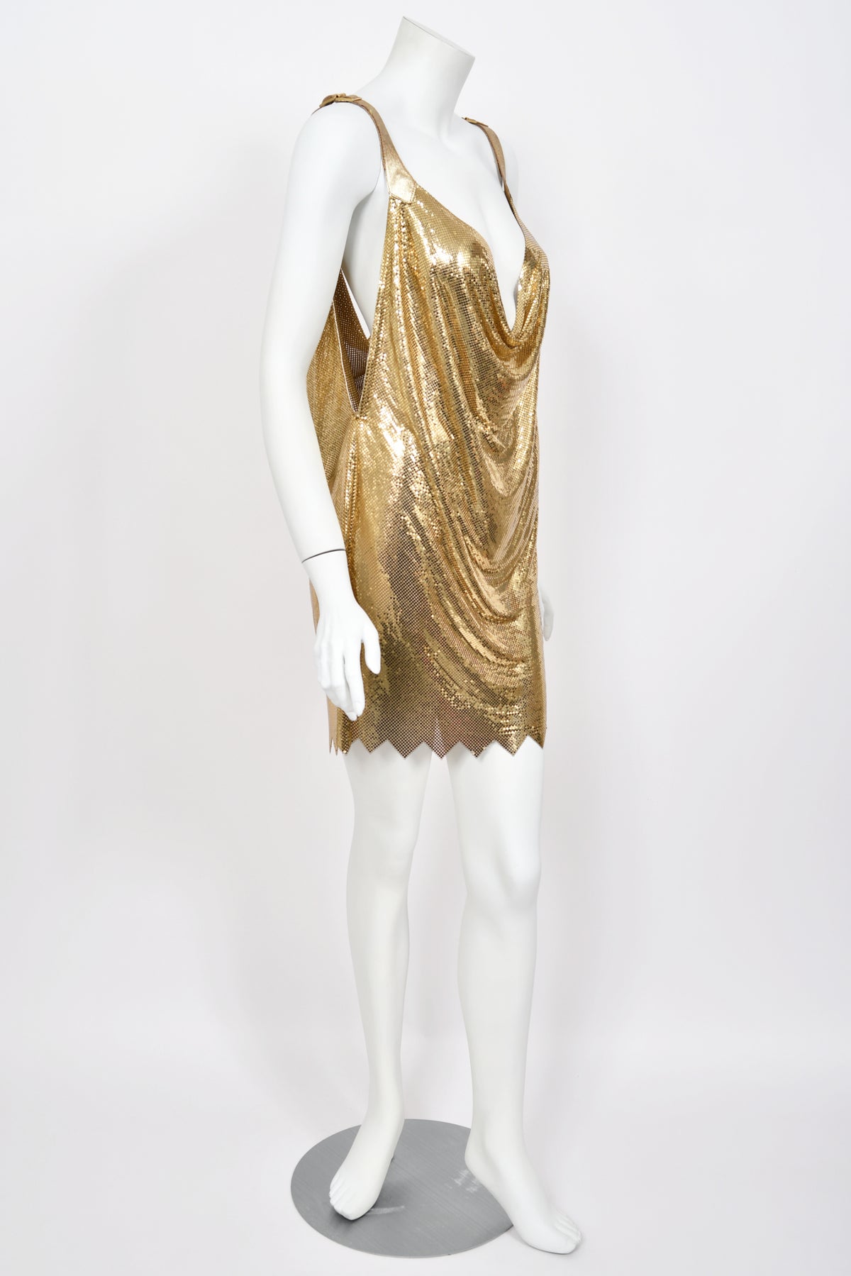 1994 Gianni Versace Iconic Gold Metal-Mesh Chainmail &amp; Leather Draped Mini Dress