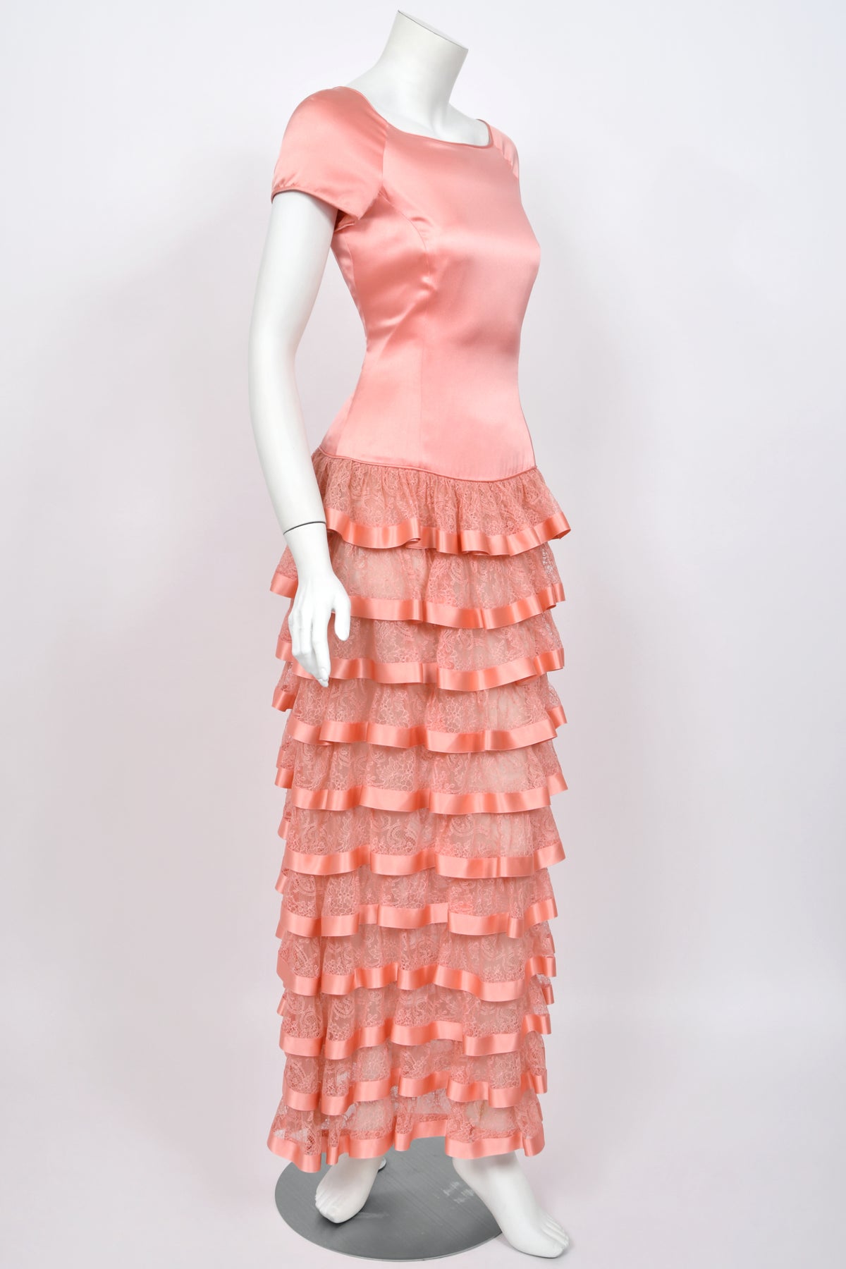 1993 Valentino Runway Blush Pink Silk &amp; Sheer Chantilly-Lace Tiered Ruffle Maxi Dress