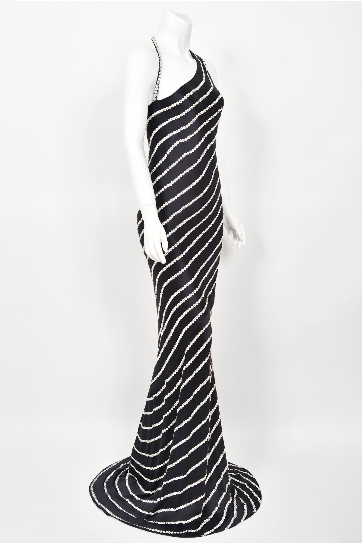 2003 Alexander McQueen Navy Blue Silk Button Embellished Stripes Bias-Cut Gown