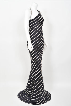 2003 Alexander McQueen Navy Blue Silk Button Embellished Stripes Bias-Cut Gown