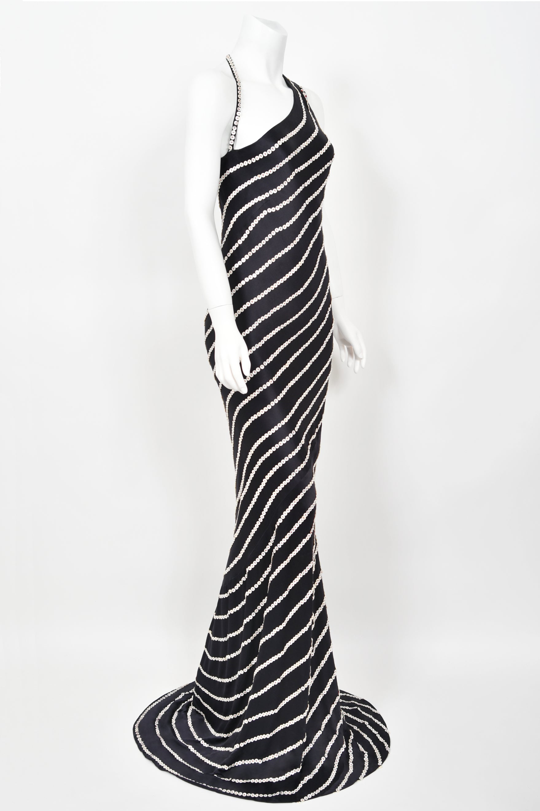 Vintage 2003 Alexander McQueen Navy Blue Silk Button Embellished Stripes Bias-Cut Gown - Timeless Vixen Vintage 2003 Alexander McQueen Navy Blue Silk Button Embellished Stripes Bias-Cut Gown - Timeless Vixen