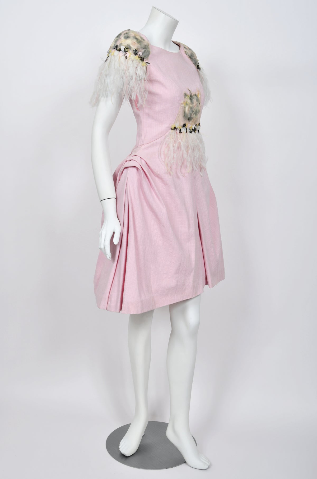 2013 Chanel by Karl Lagerfeld Runway Sample Pink Linen Floral Appliqué &amp; Feathers Dress