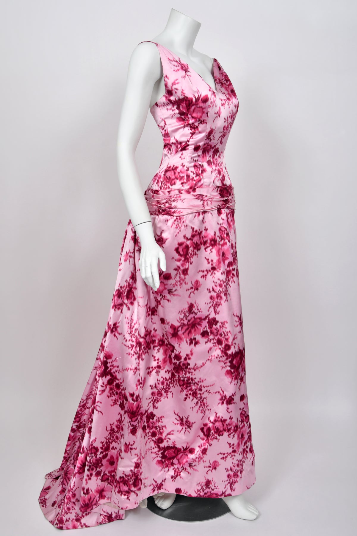1955 Samuel Winston Vogue Documented Pink Floral Silk Satin Sculptural Trained Gown