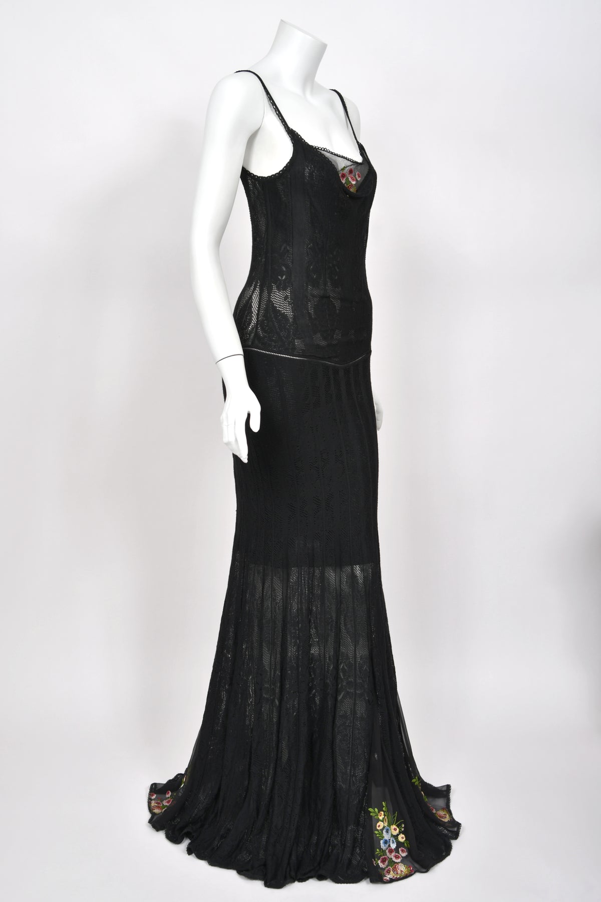 2003 John Galliano Sheer Black Stretch Knit Bias-Cut Gown