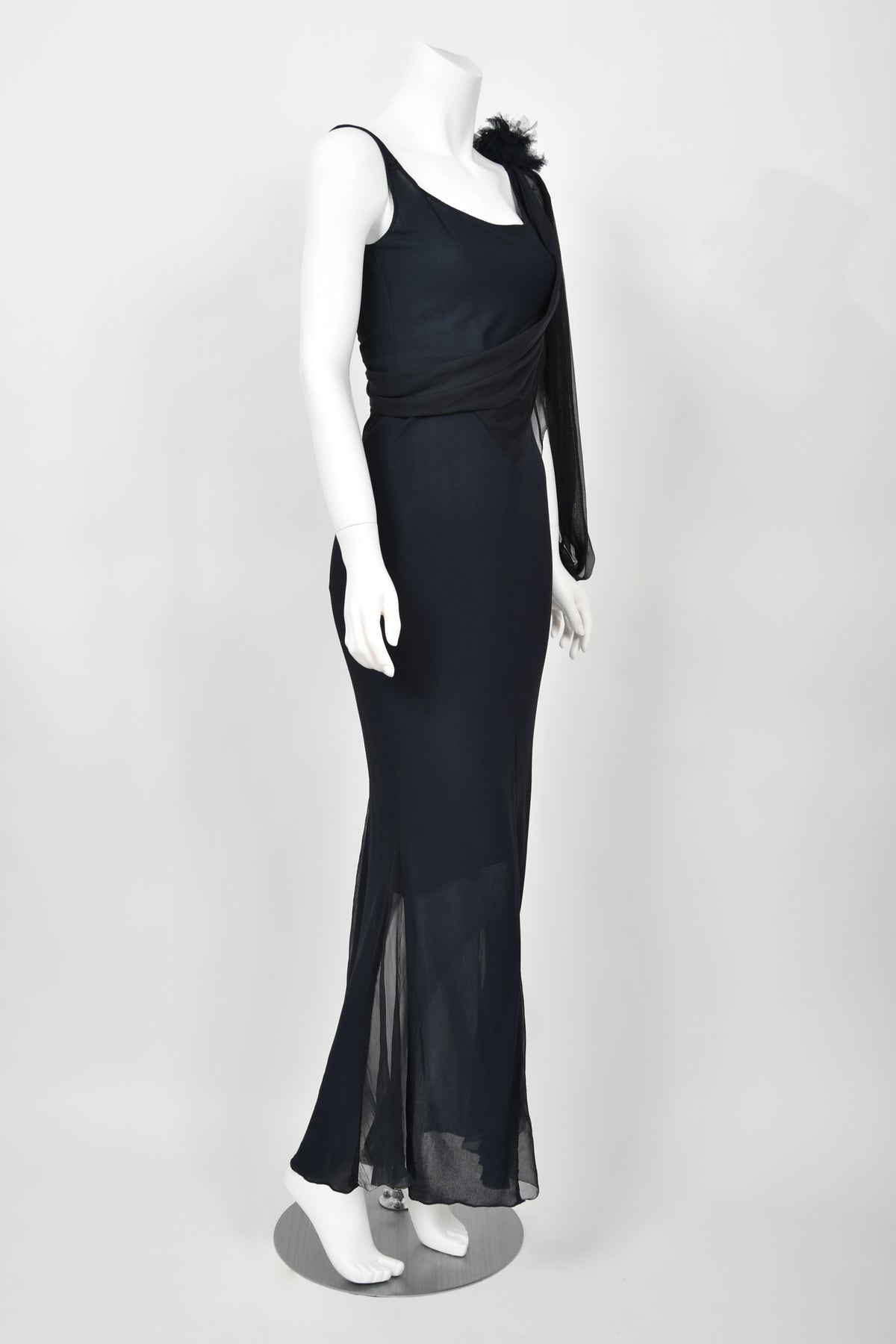 2002 Chanel Cruise Collection Midnight Blue Silk Chiffon Draped Bias-Cut Gown