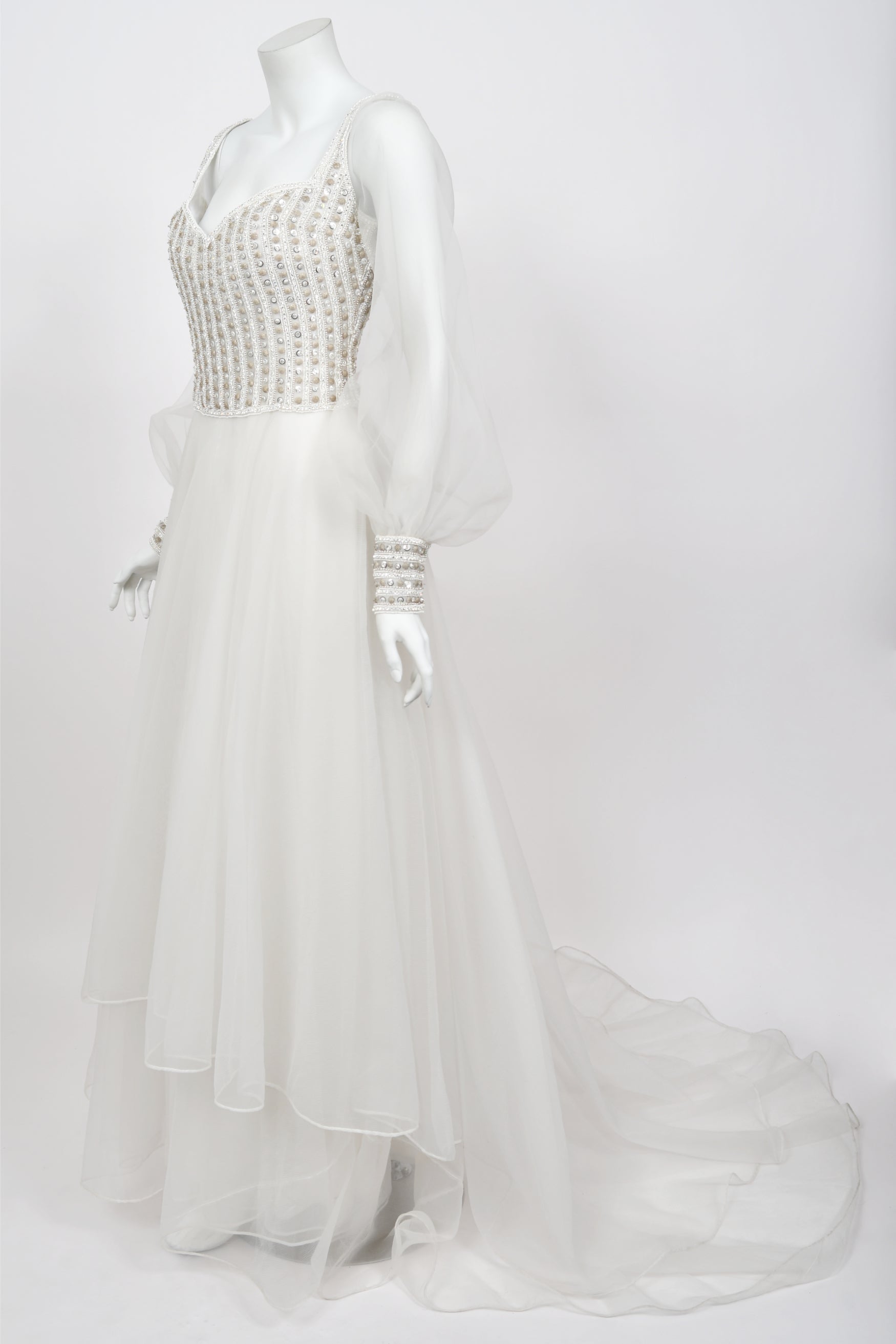 1972 Christian Dior Couture White Beaded Silk Bridal Gown w/ Veil 1972 Christian Dior Couture White Beaded Silk Bridal Gown w/ Veil