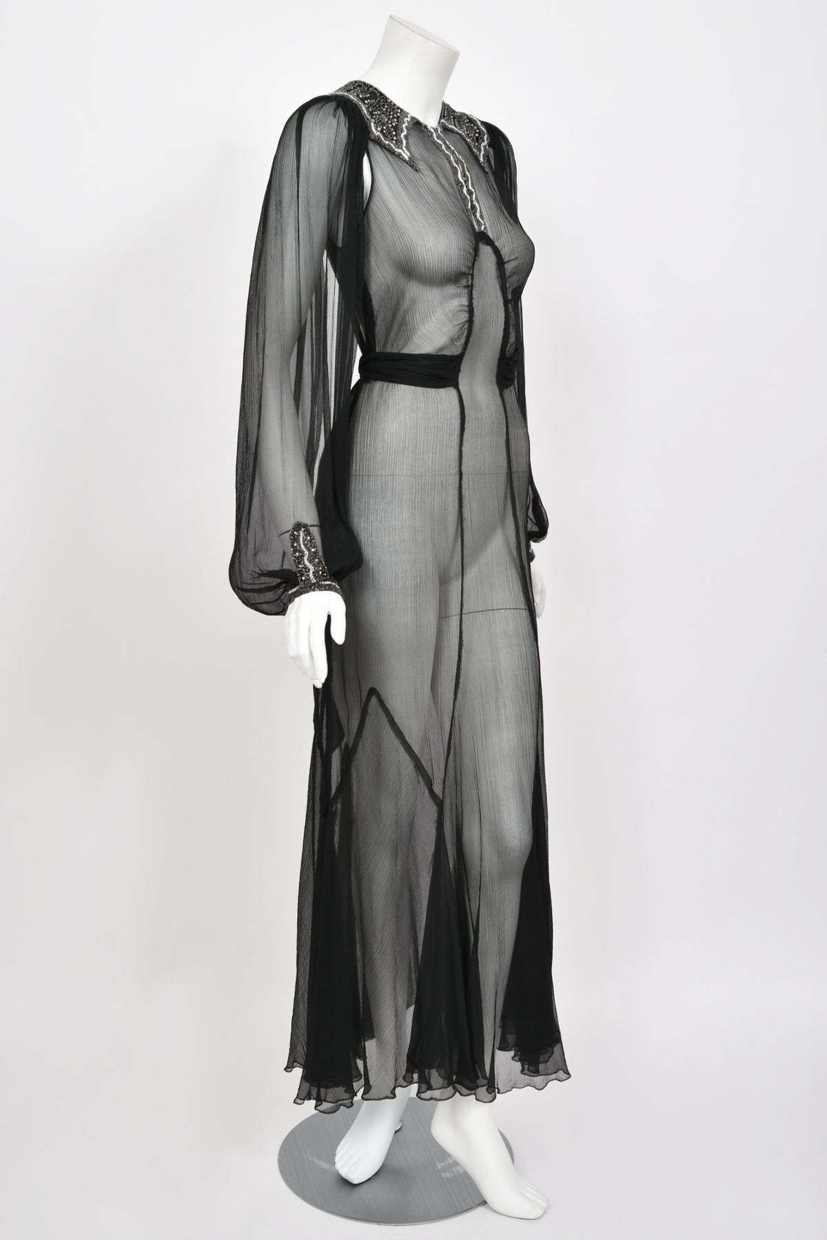 1930&#39;s Beaded Rhinestone Black Sheer Silk Chiffon Billow-Sleeve Deco Dress