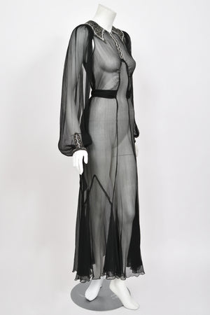 1930's Beaded Rhinestone Black Sheer Silk Chiffon Billow-Sleeve Deco Dress