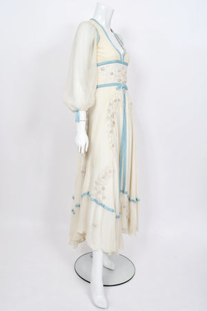1975 Thea Porter Couture Ivory Silk Embroidered Floral Billow-Sleeve 'Gypsy' Dress