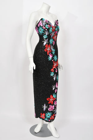 1990's Bob Mackie Fully Beaded Floral Motif Strapless Bustier High-Slit Gown