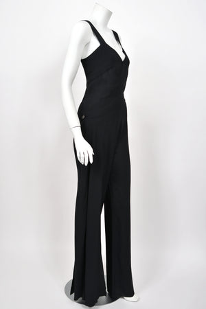 1999 Chanel by Karl Lagerfeld Runway Black Crepe Low-Plunge Draped Sash Jumpsuit