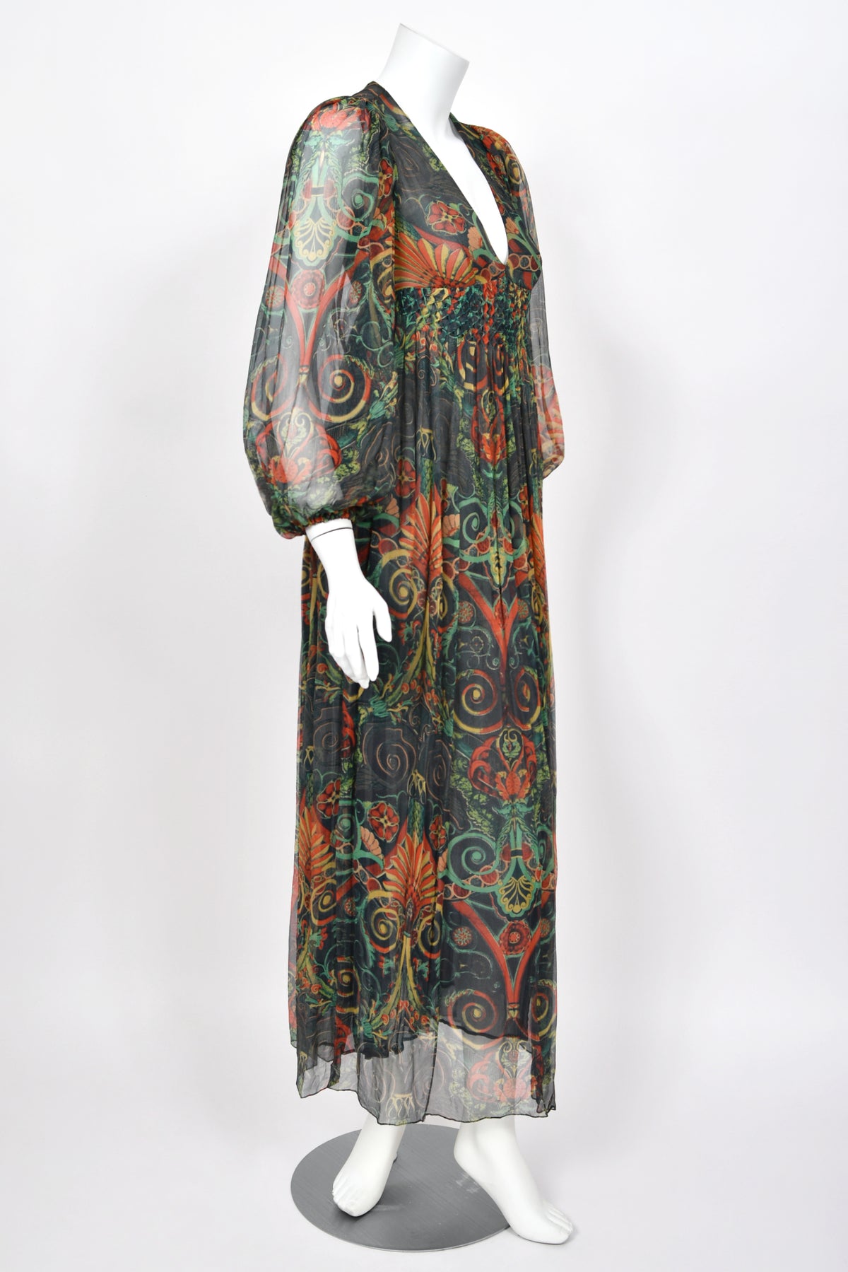 1971 Thea Porter Couture Green Art Nouveau Motif Silk Billow-Sleeve Maxi Dress