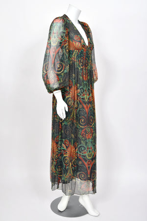 1971 Thea Porter Couture Green Art Nouveau Motif Silk Billow-Sleeve Maxi Dress