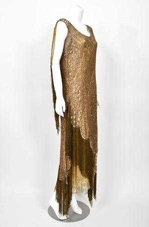 1920's Metallic Gold Lamé Lace Flapper Fringe Margot Robbie Film-Worn Dress