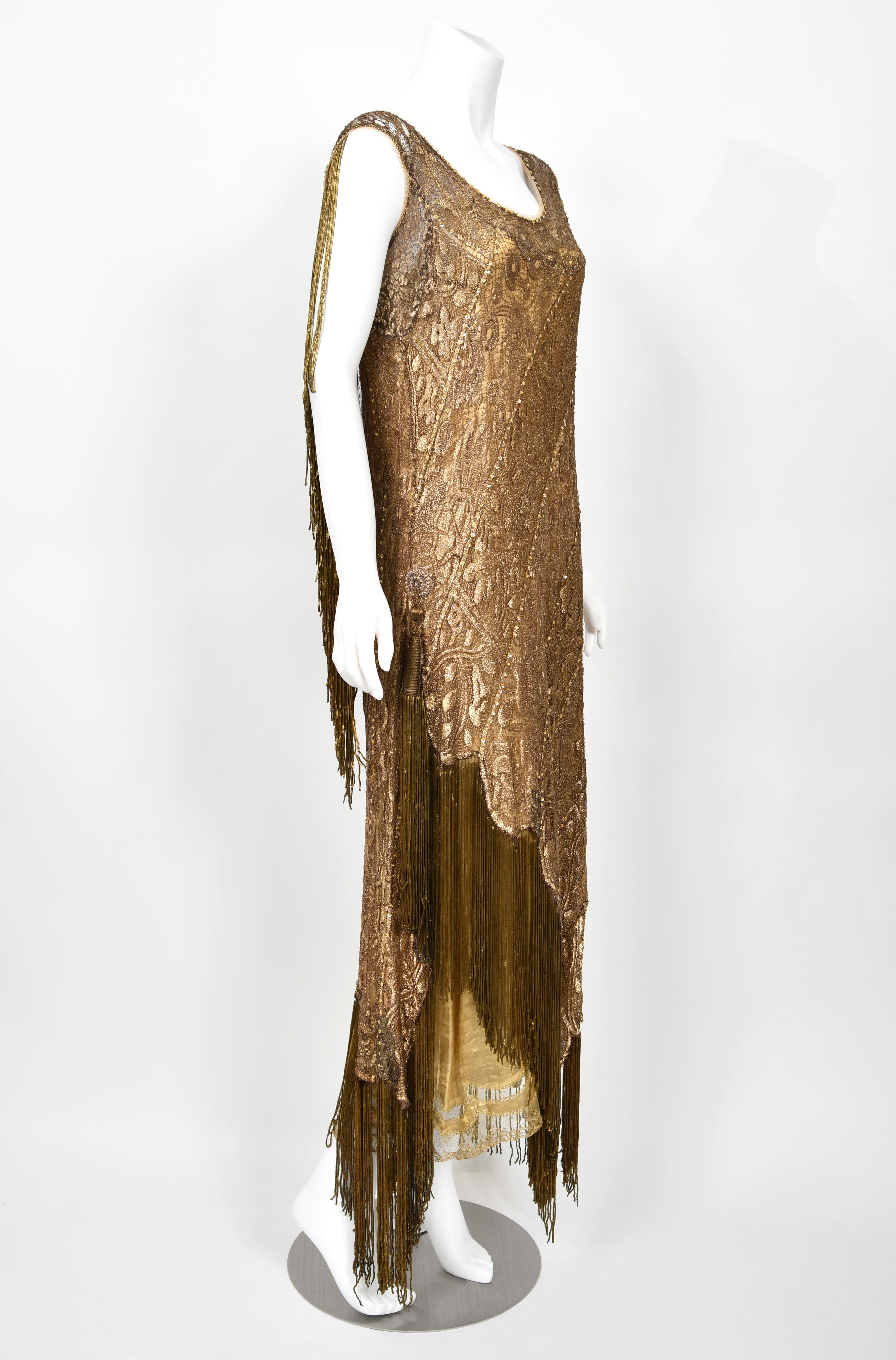 Vintage 1920's Metallic Gold Lam Lace Flapper Fringe Margot Robbie Film-Worn Dress - Timeless Vixen Vintage 1920's Metallic Gold Lam Lace Flapper Fringe Margot Robbie Film-Worn Dress - Timeless Vixen