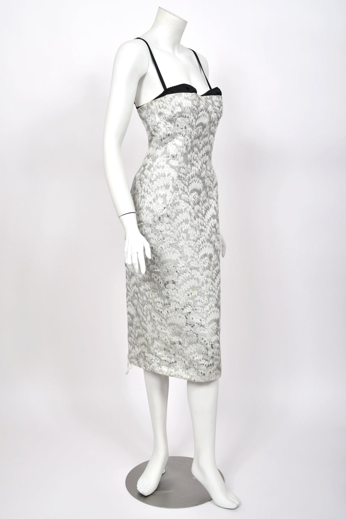 2003 Dolce &amp; Gabbana Metallic Silver Brocade Built-In Bra Hourglass Corset Dress