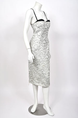 2003 Dolce & Gabbana Metallic Silver Brocade Built-In Bra Hourglass Corset Dress
