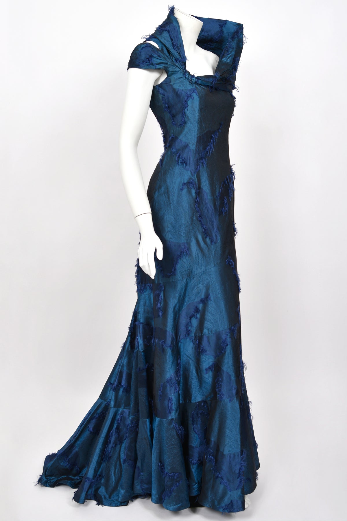 1999 Christian Dior by John Galliano Sapphire Blue Eyelash Silk Backless Bias-Cut Gown