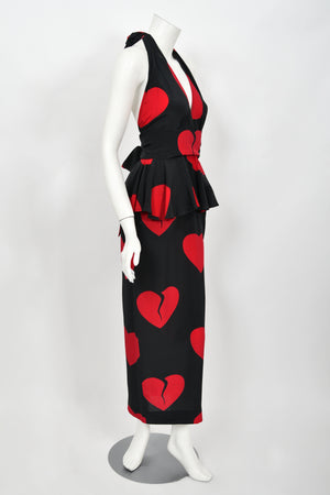 1994 Moschino Couture Documented 'Heartbreaker' Novelty Print Silk Convertible Dress