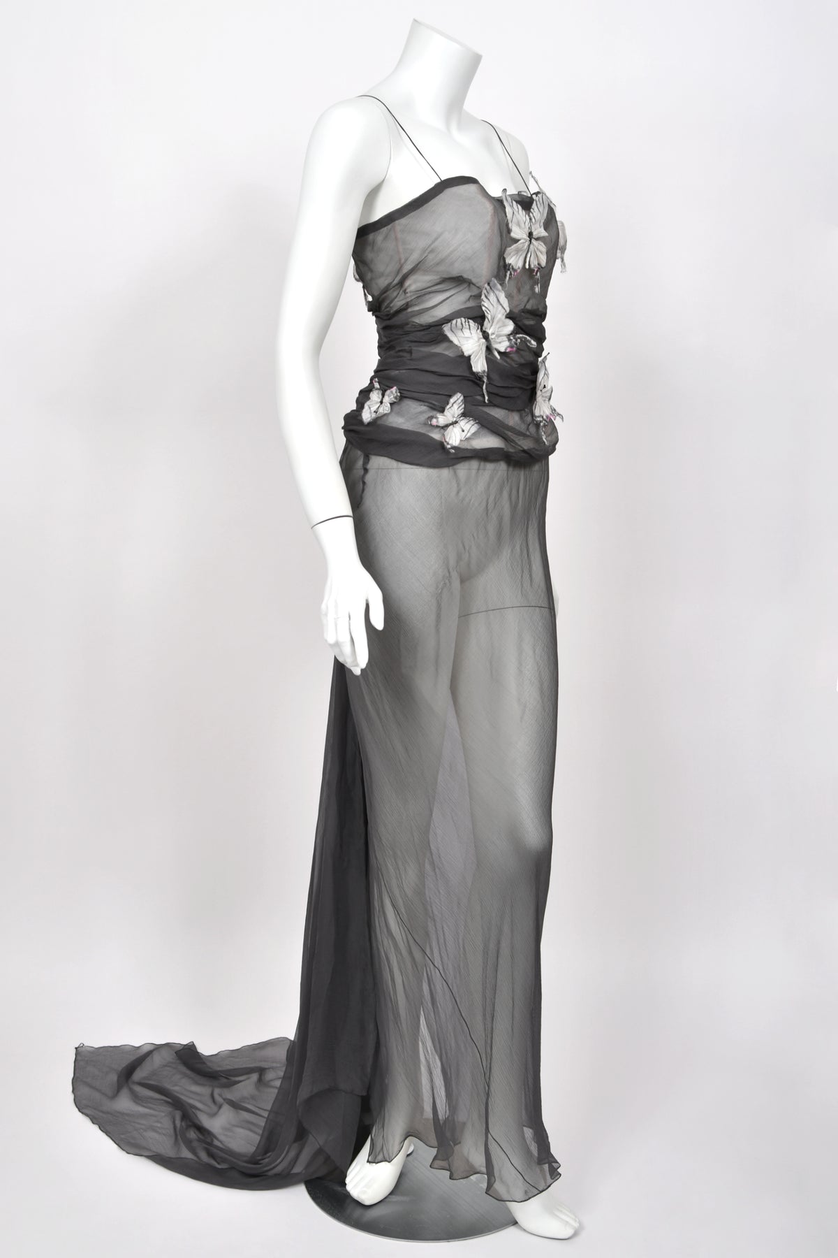 1998 Dolce &amp; Gabbana 'Stromboli Collection' Hand-Painted Butterflies Grey Sheer Silk Corset Gown