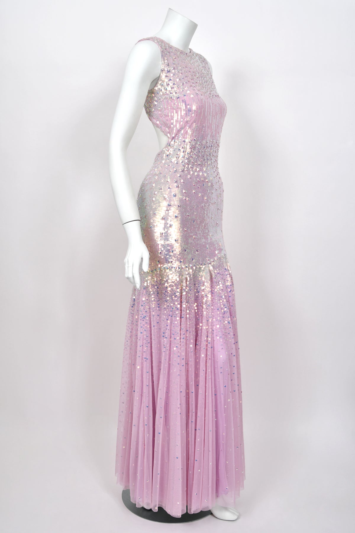 2012 Blumarine Runway Iridescent Lilac Pink Fully Sequin Cut-Out Hourglass Mermaid Gown