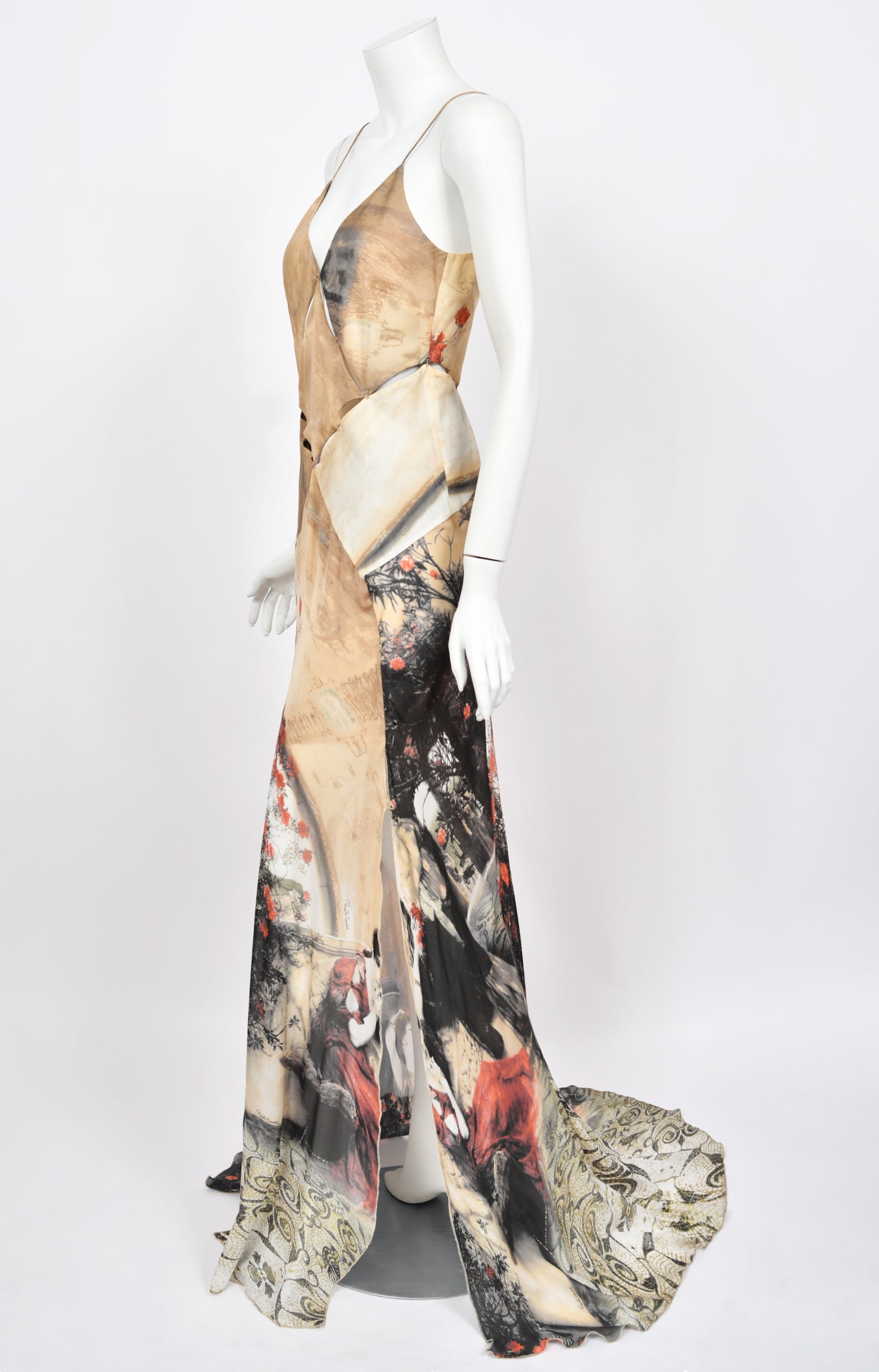 roberto cavalli silk maxi dress a roberto cavalli 2000 silk floral dress with extra high slit and long train with ruffle trim available friday (sold, thank you) new pieces arrive 11AM PST for members, 12 PM for