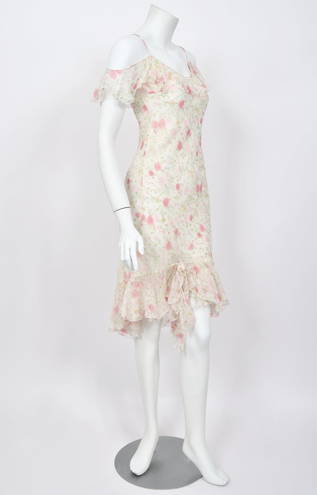 1999 Christian Dior by John Galliano Pink Roses Print Silk Off Shoulder Bias-Cut Dress