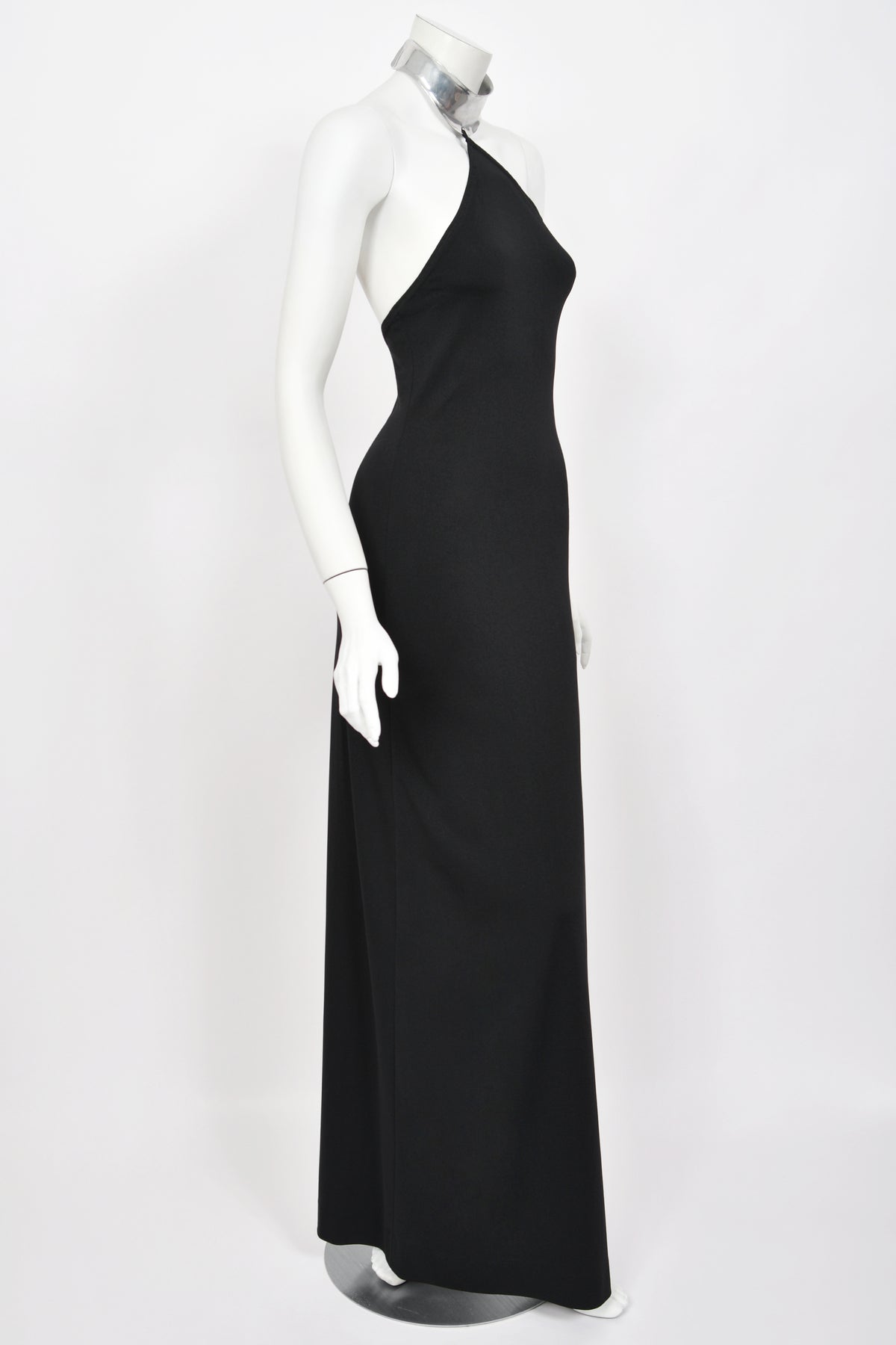 1975 Rudi Gernreich Documented Metal-Collar Black Jersey High-Slit Maxi Dress