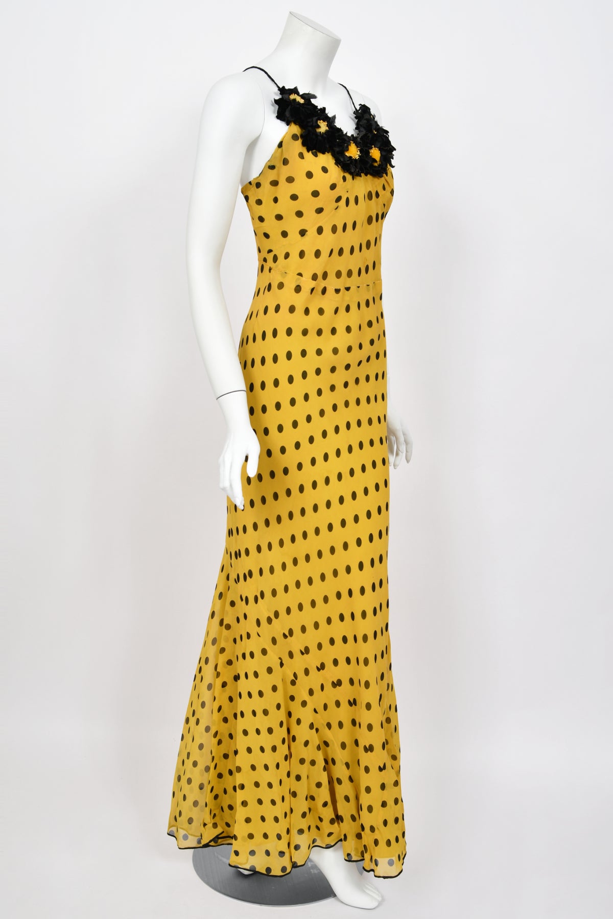 1930&#39;s Germaine Monteil Couture Polka Dot Silk Appliqué Bias-Cut Gown w/ Capelet