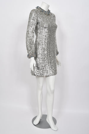 1966 Pierre Cardin Paris Metallic Silver Beaded Sequin Space-Age Mod Mini Dress