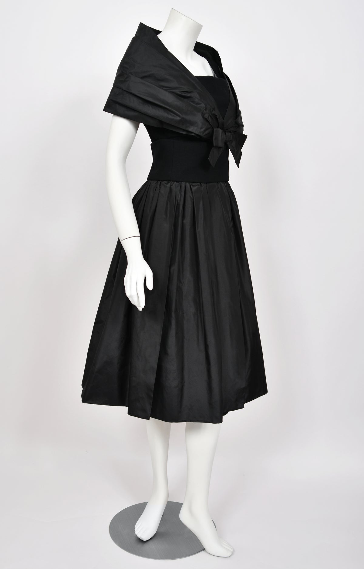 1956 Christian Dior Demi-Couture Black Silk Portrait Collar Skirted Cocktail Dress