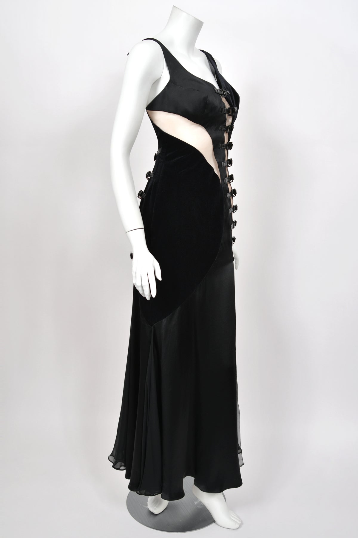 2004 Versace Runway Black Silk & Velvet Sheer-Illusion Buckle Trimmed High Slit Gown
