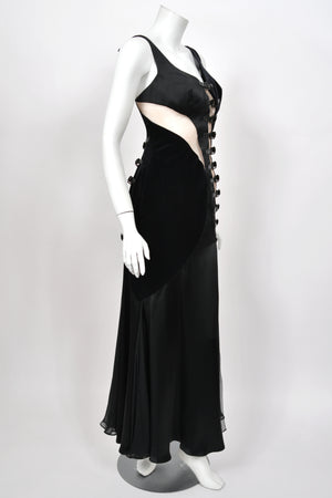 2004 Versace Runway Black Silk & Velvet Sheer-Illusion Buckle Trimmed High Slit Gown