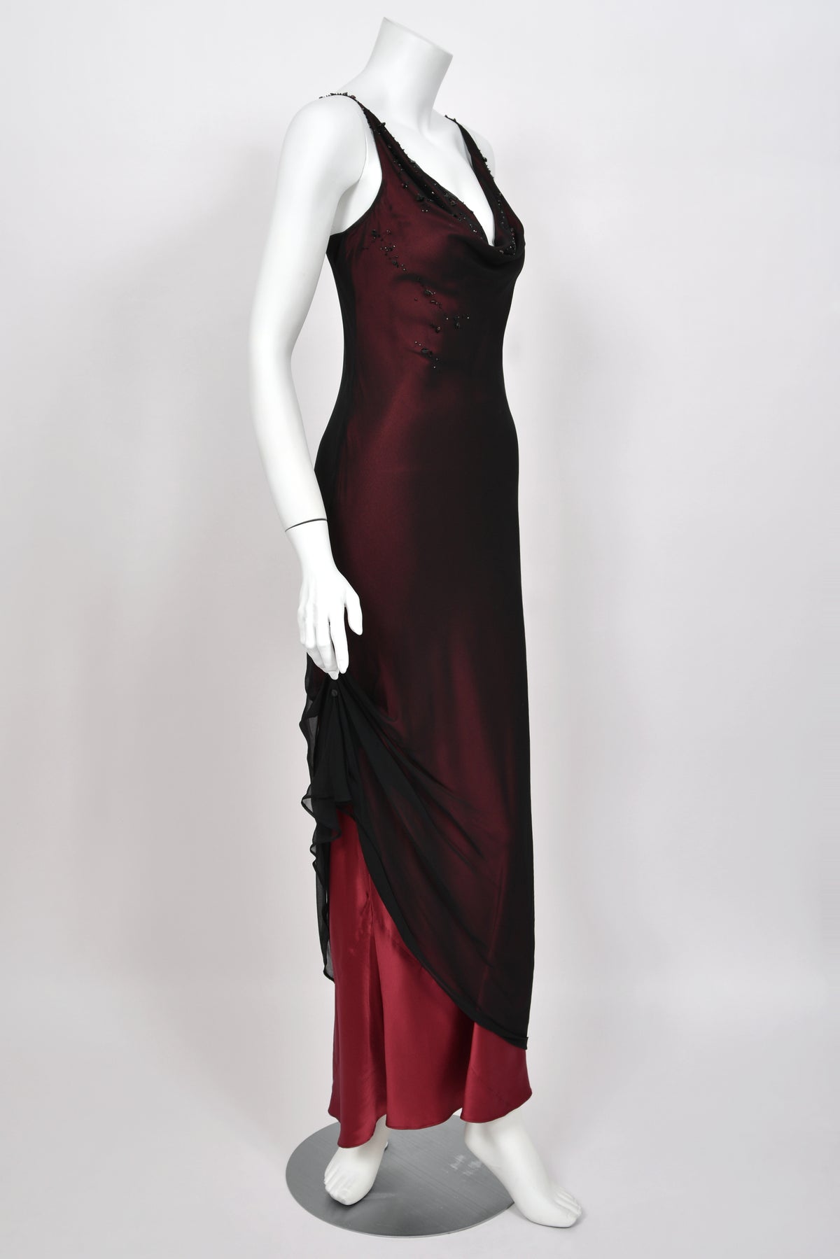 2000 John Galliano Beaded Black Sheer Silk Chiffon & Red Satin Draped Bias-Cut Gown