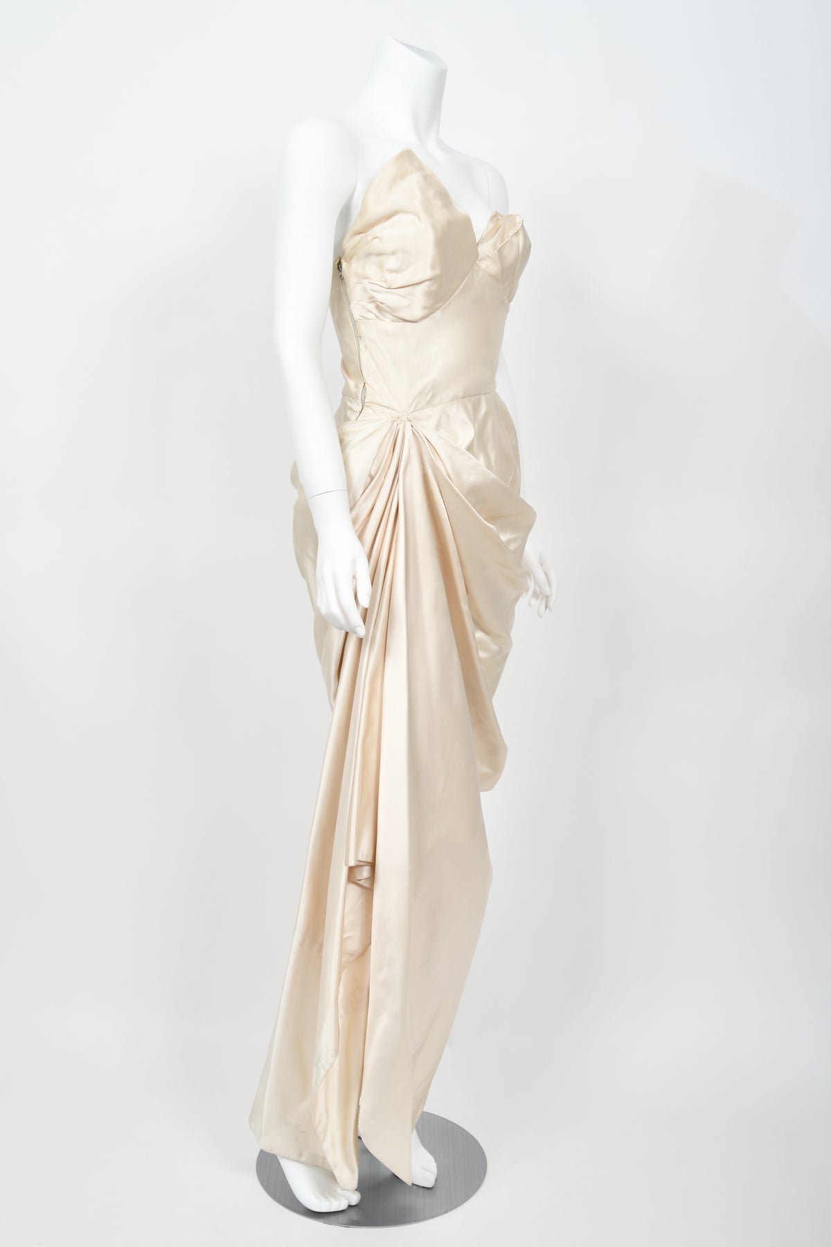1949 Jeanne Lanvin Haute Couture Ivory Silk Satin Strapless Draped Bridal Gown