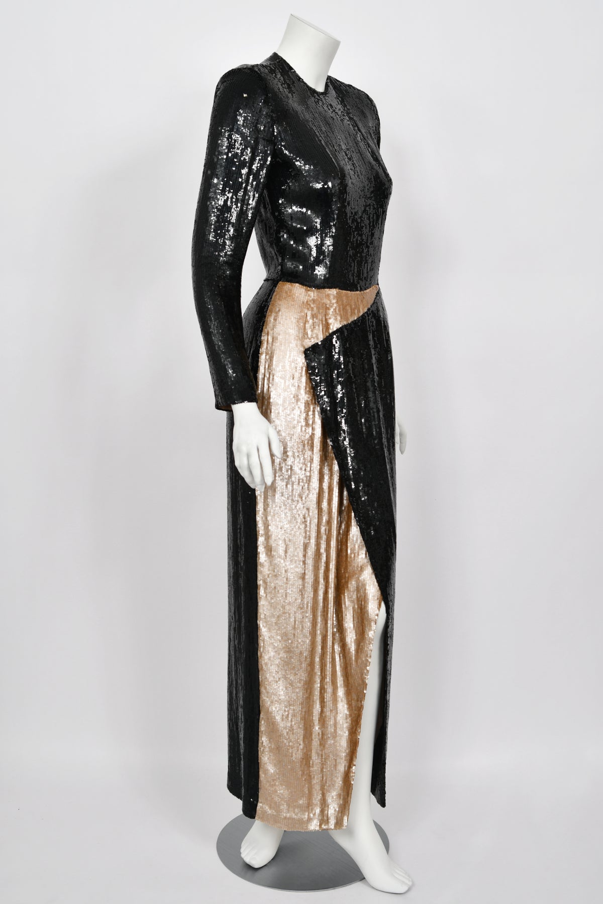 1985 Geoffrey Beene Documented Black &amp; Gold Fully-Sequin &#39;Cindy Crawford&#39; Gown