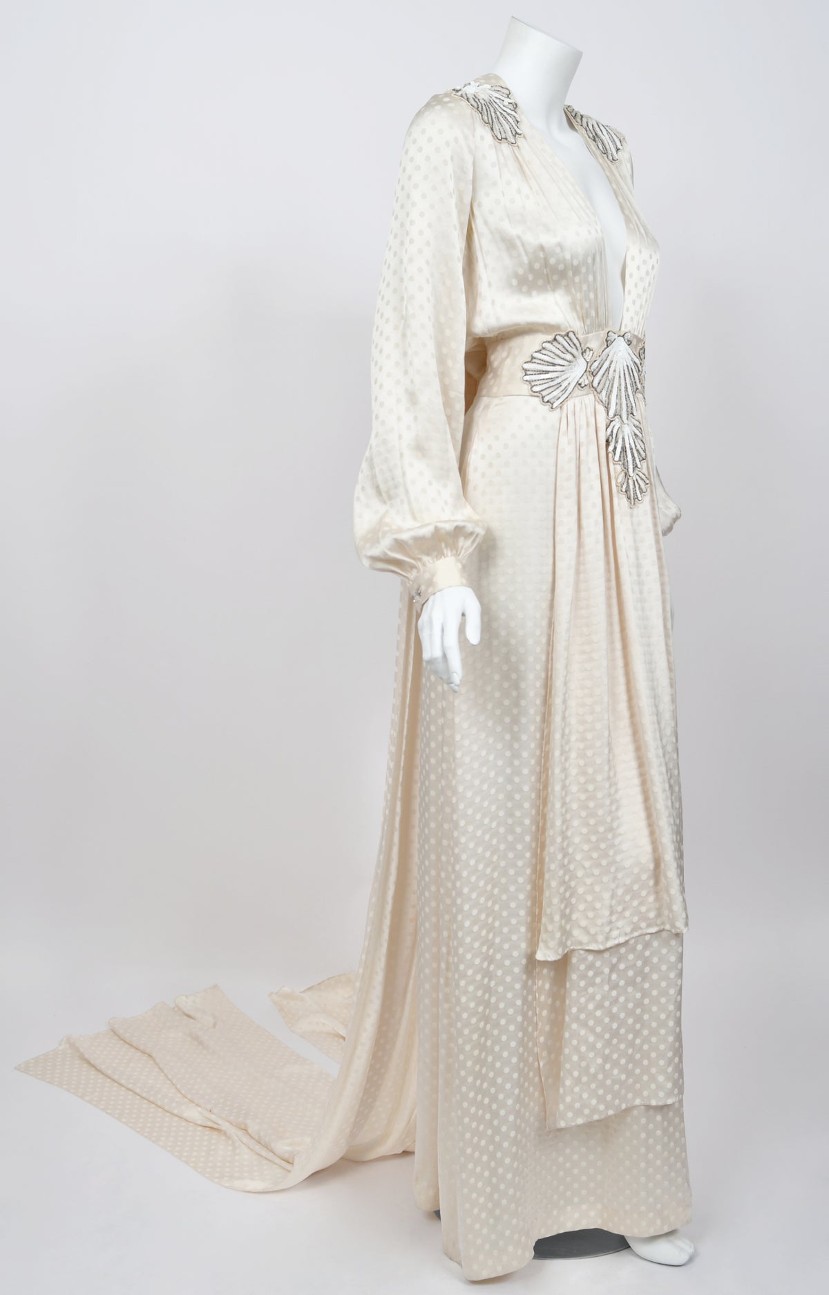 1974 Thea Porter Couture Beaded Sequin Seashells Ivory Silk Billow-Sleeve Trained Gown