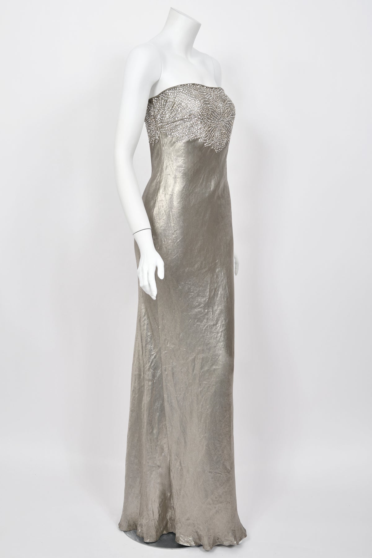 2007 Ralph Lauren Beaded Rhinestone Metallic Silver Lamé Strapless Bias-Cut Gown